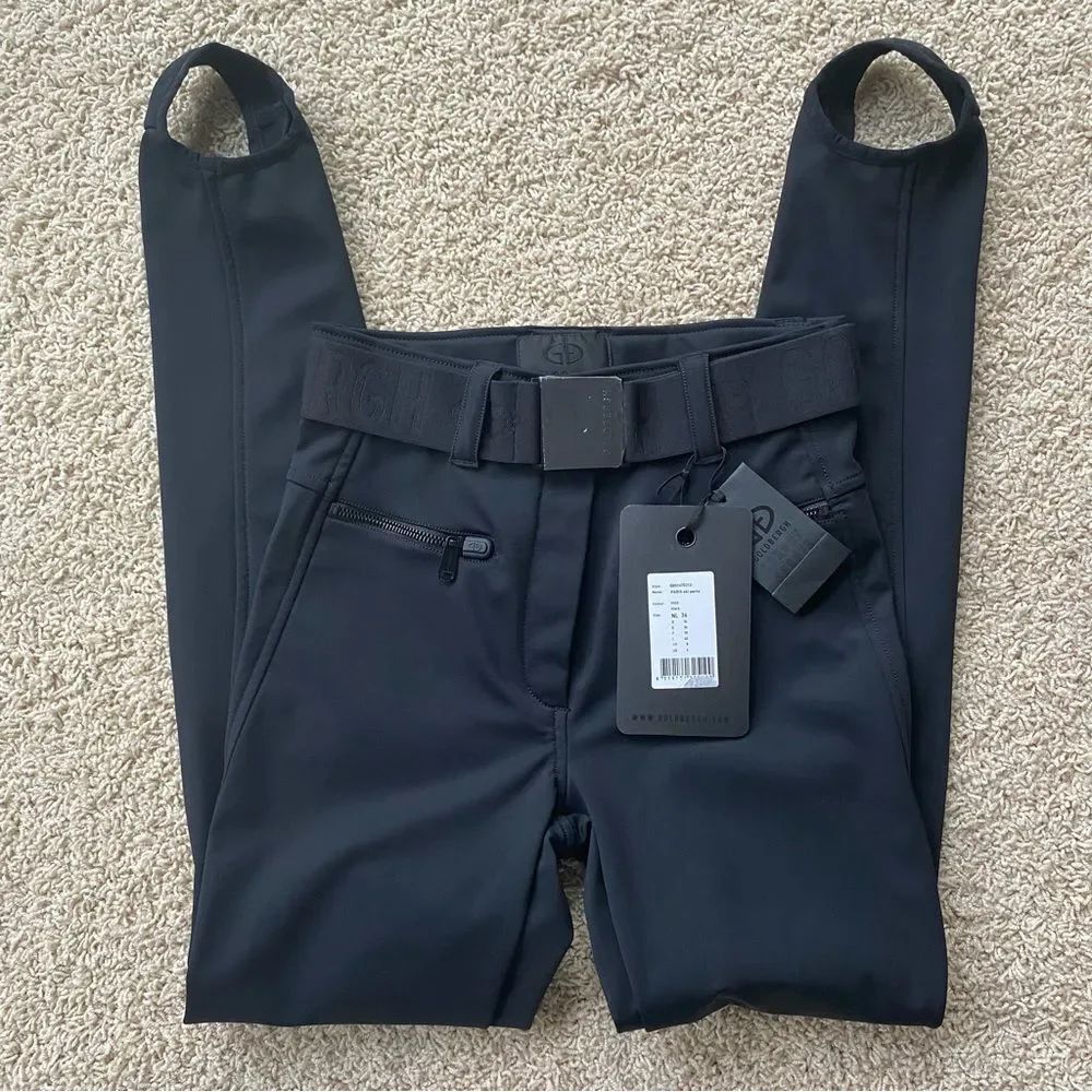 Goldbergh Paris Belted Black with Leather Slim-leg Stirrup Ski Pants NWT 6
